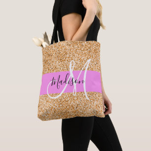 Bolsa Tote Nome do Monograma do Glitter Pink e Glitter de Cob