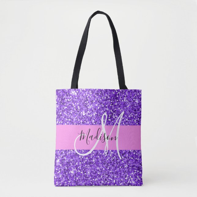 Bolsa Tote Nome do Monograma do Minigráfico Glitter Purple e  (Frente)