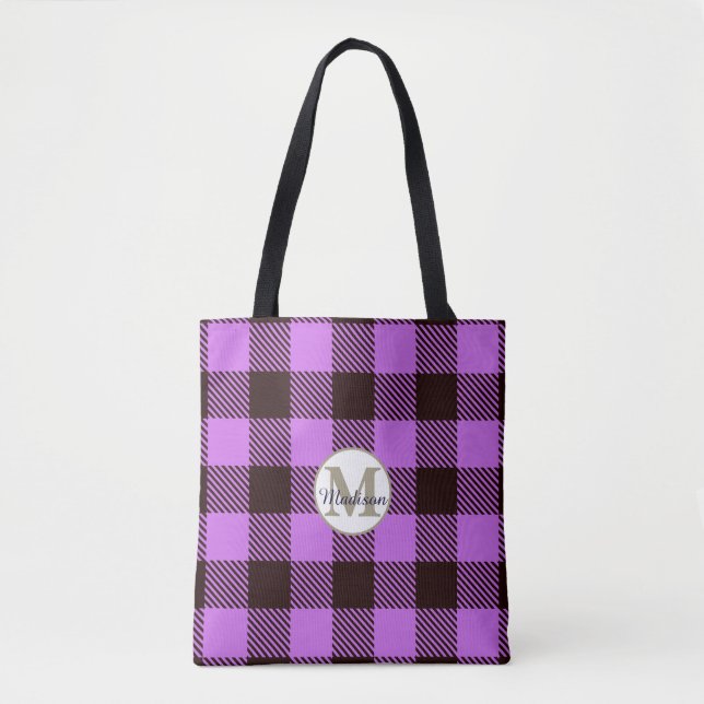 Bolsa Tote Nome do Monograma do Tartan Xadrez Preta da Orquíd (Frente)