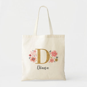Bolsa Tote Nome do Monograma Elegante Rosa Dourado Inicial
