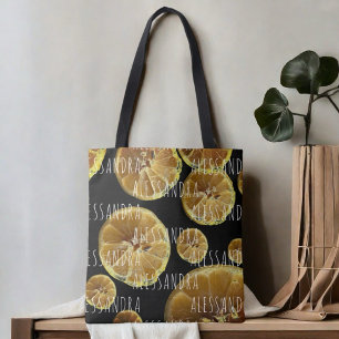 Bolsa Tote Nome do monograma fatias de limão amarelas pretas