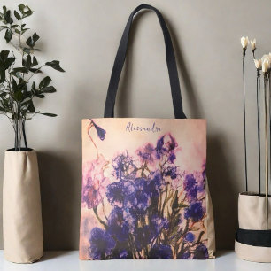 Bolsa Tote Nome do monograma flor azul floral floral
