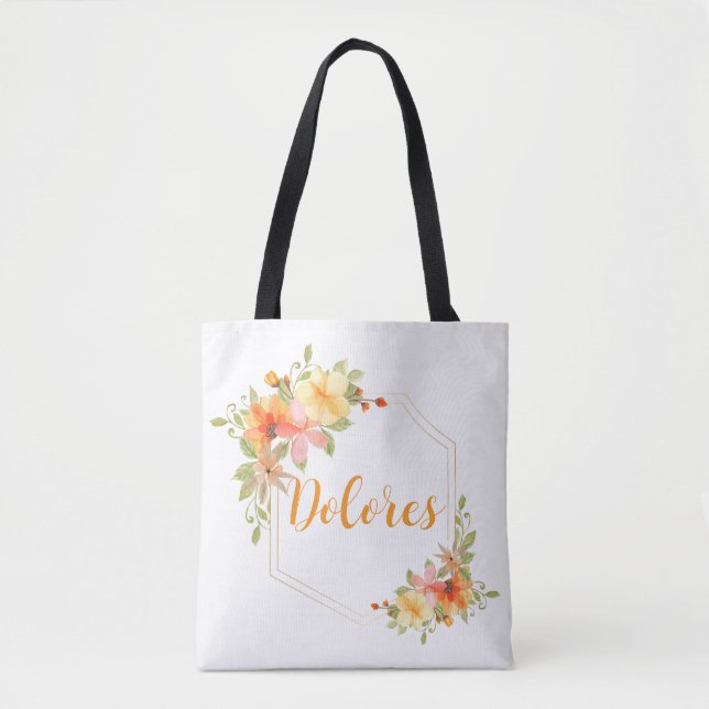 Bolsa Tote Nome do Monograma Floral Amarelo Elegante (Frente)