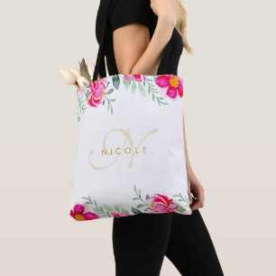 Bolsa Tote Nome do Monograma Floral de Cor de Água Rosa Elega