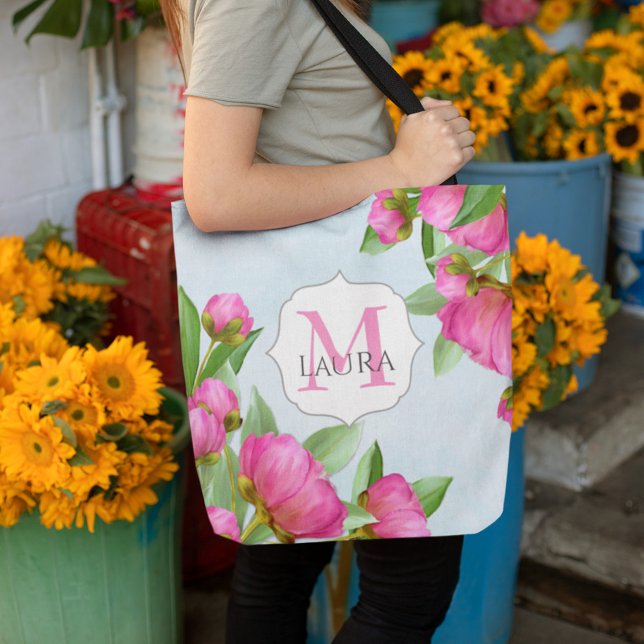 Bolsa Tote Nome do Monograma Floral Rosa Personalizado (Criador carregado)