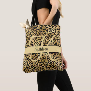 Bolsa Tote Nome do Monograma Impressão Dourada Preta Leopard