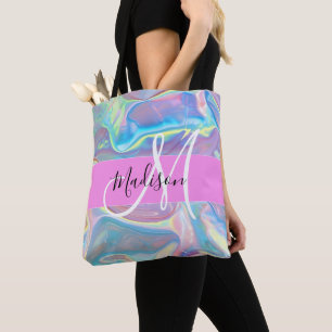 Bolsa Tote Nome do Monograma Iridescente Holográfico Rosa Gir