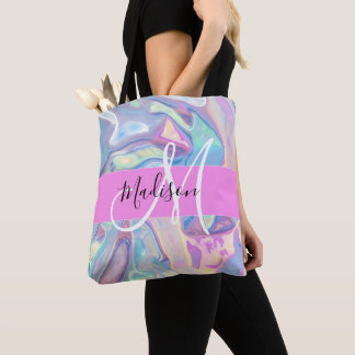 Bolsa Tote Nome do Monograma Iridescente Holográfico Rosa Gir
