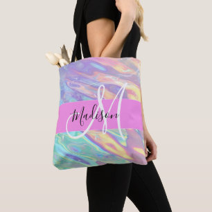 Bolsa Tote Nome do Monograma Iridescente Holográfico Rosa Gir