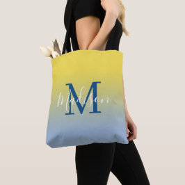 Bolsa Tote Nome do Monograma Moderno Amarelo a Azul Claro