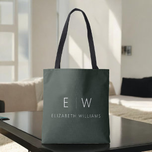 Bolsa Tote Nome do Monograma Moderno e Elegante Verde Escuro
