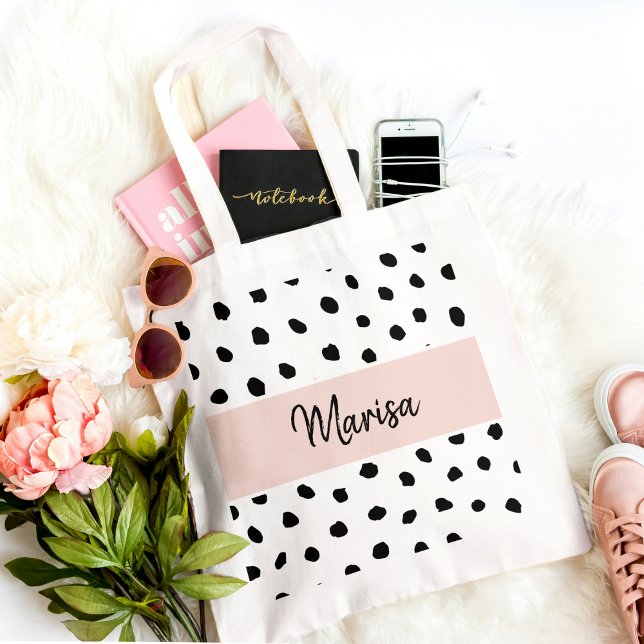 Bolsa Tote Nome do Monograma Moderno | Pastel Pink & Black Po (Criador carregado)