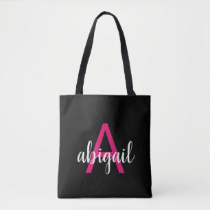 Bolsa Tote Nome do Monograma Moderno Preto Rosa-Quente Person