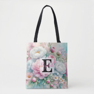 Bolsa Tote Nome do monograma na aquarela Flores nos pastéis