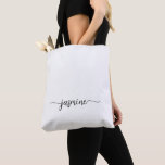 Bolsa Tote Nome do Monograma Personalizado Branco Girly Simpl<br><div class="desc">Elegante Moderno Minimalista Limpo, Menino Branco Limpo, Nome da Girly Monograma, Script Personalizado Personalizado Tote Bag. Este design com seu primeiro nome em um estilo bonito, escrito à mão, estilo swash tail, tipografia de assinatura (ou caligrafia) em preto em fundo branco. presente feminina excelente para aniversário, Natal, casamento, doce festa...</div>