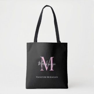 Bolsa Tote Nome do Monograma Personalizado Cor-de-Rosa Preto