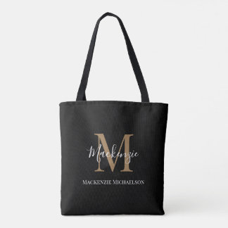 Bolsa Tote Nome do Monograma Personalizado Dourado Elegante