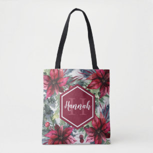 Bolsa Tote Nome do Monograma Personalizado Poinsettia Vermelh