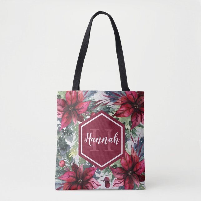 Bolsa Tote Nome do Monograma Personalizado Poinsettia Vermelh (Frente)