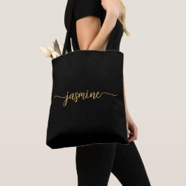 Bolsa Tote Nome do Monograma Personalizado Preto Dourado Simp