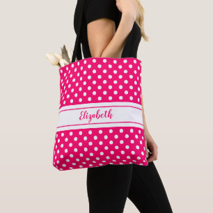Bolsa Tote Nome do Padrão de Bolinhas Branca Rosa