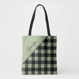 Bolsa Tote Nome do padrão xadrez verde sage moderno
