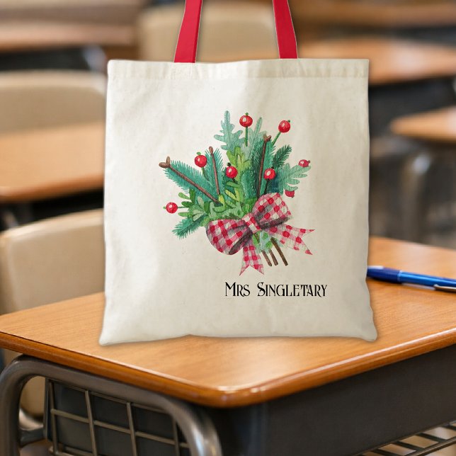 Bolsa Tote Nome do Professor, Laço de Gingham de Frutas Verme (Criador carregado)