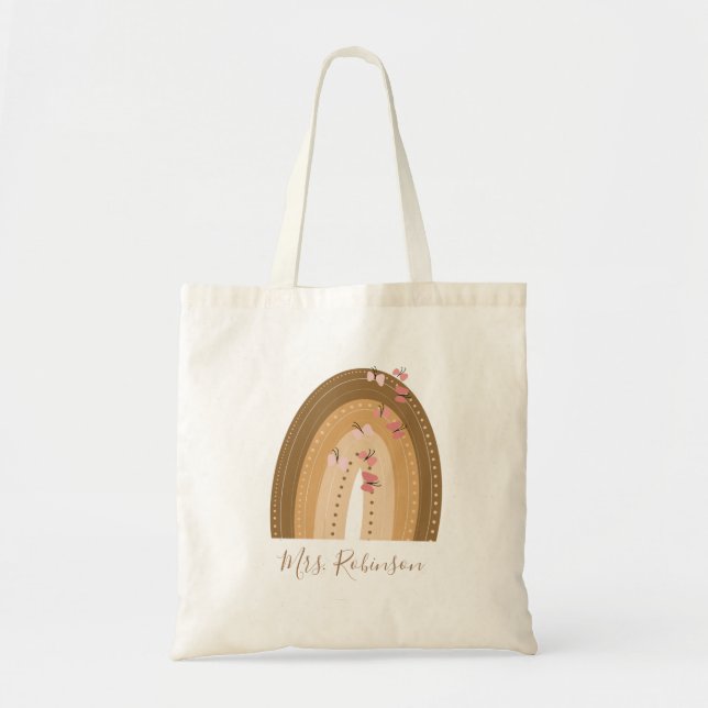 Bolsa Tote Nome do Professor Script Borboletas Arco-íris (Frente)