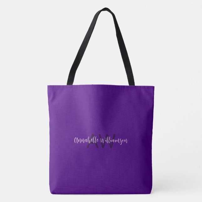Bolsa Tote Nome do Script Chic & Monograma Solid Indigo Purpl (Frente)