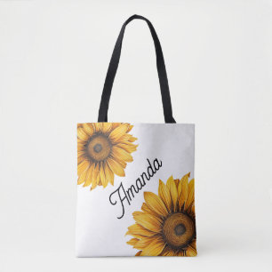 Bolsa Tote Nome do Script Diagonal Amarelo da Aquarela Girass