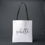 Bolsa Tote Nome do Script do Bridesmaid Personalizado<br><div class="desc">Um saco branco moderno chic com o nome da escrita preta e coração de ouro que é perfeito para uma proposta de dama de honra. Suas madrinhas podem encher sua bolsa com essências para viagens de Festa de solteira,  ou para o essencial para trazer na manhã do casamento.</div>