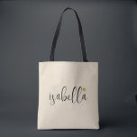 Bolsa Tote Nome do Script do Bridesmaid Personalizado<br><div class="desc">Um saco de creme moderno com nome de escrita preta e coração de ouro que é perfeito para uma proposta de dama de honra. Suas madrinhas podem encher sua bolsa com essências para viagens de Festa de solteira,  ou para o essencial para trazer na manhã do casamento.</div>