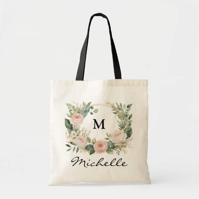 Bolsa Tote Nome do Script Floral Wreath Floral da Trendy Mono (Frente)