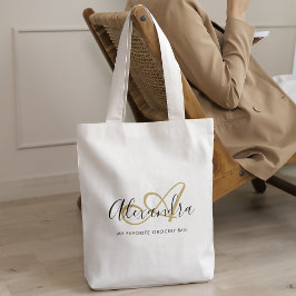 Bolsa Tote Nome do Script Inicial do Monograma Dourado Preto