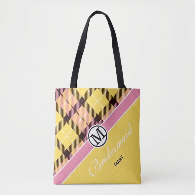 Bolsa Tote Nome do Script Monograma Personalizado Chic Tartan (Frente)