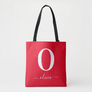 Bolsa Tote Nome do Script Monograma Personalizado Vermelho e 