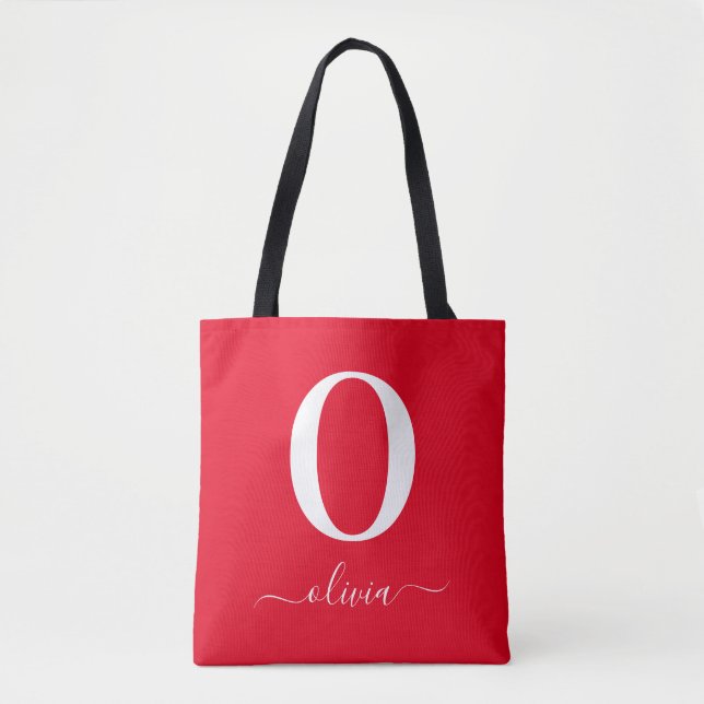 Bolsa Tote Nome do Script Monograma Personalizado Vermelho e  (Frente)