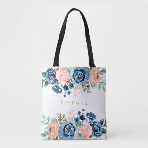 Bolsa Tote Nome dos Buquês Florais de Cor Azul de Água Blush