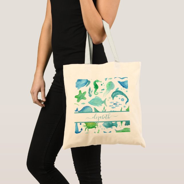 Bolsa Tote Nome dos golfinhos do mar verde-azul (Frente (produto))