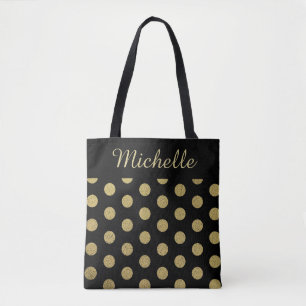 Bolsa Tote Nome Dourado Bolinhas Preto