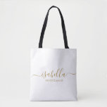 Bolsa Tote Nome Dourado de presentes da Bridesmaid<br><div class="desc">Esta mala de maquiagem e acessório da Bridesmaid apresenta uma tipografia de guião dourada escrita à mão com pincéis de fundo à meia-noite ou branco. Apresente suas damas de honra com um saco de banheiro para sua maquiagem e pequenos itens tradicionalmente apresentados no janto de ensaio, para uso na manhã...</div>