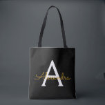 Bolsa Tote Nome Dourado Preto White Girly Script Monograma Mo<br><div class="desc">Preto e Dourado Elegante Adicione seu próprio nome Monograma Book Bag. Este Livro Bag pode ser personalizado para incluir seu nome inicial e próprio e ser dado como presente para o Natal,  Doce 16 Aniversário,  Chá de panela ou Casamento.</div>