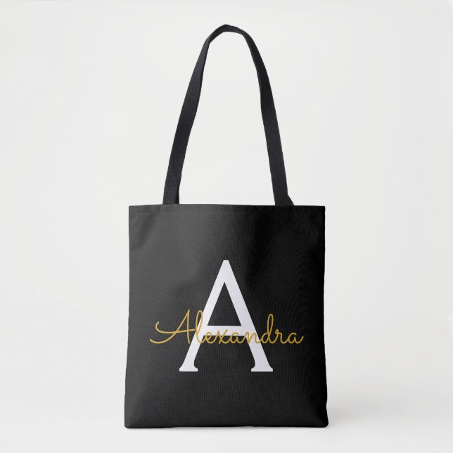Bolsa Tote Nome Dourado Preto White Girly Script Monograma Mo (Frente)