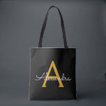 Bolsa Tote Nome Dourado Preto White Girly Script Monograma Mo<br><div class="desc">Preto e Dourado Elegante Adicione seu próprio nome Monograma Book Bag. Este Livro Bag pode ser personalizado para incluir seu nome inicial e próprio e ser dado como presente para o Natal,  Doce 16 Aniversário,  Chá de panela ou Casamento.</div>