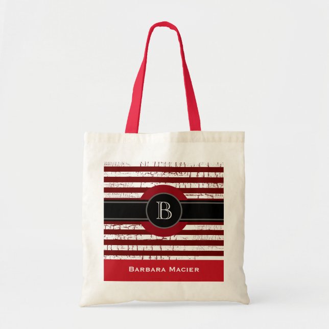 Bolsa Tote nome e monograma preto/vermelho inicial (Frente)