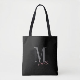 Bolsa Tote Nome e monograma simples e preto personalizado