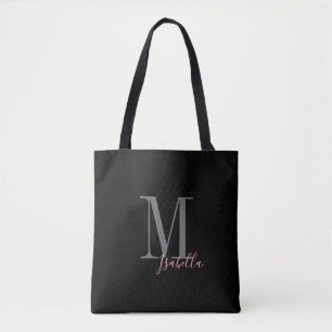 Bolsa Tote Nome e monograma simples e preto personalizado