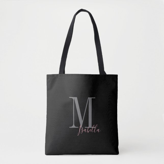 Bolsa Tote Nome e monograma simples e preto personalizado (Frente)