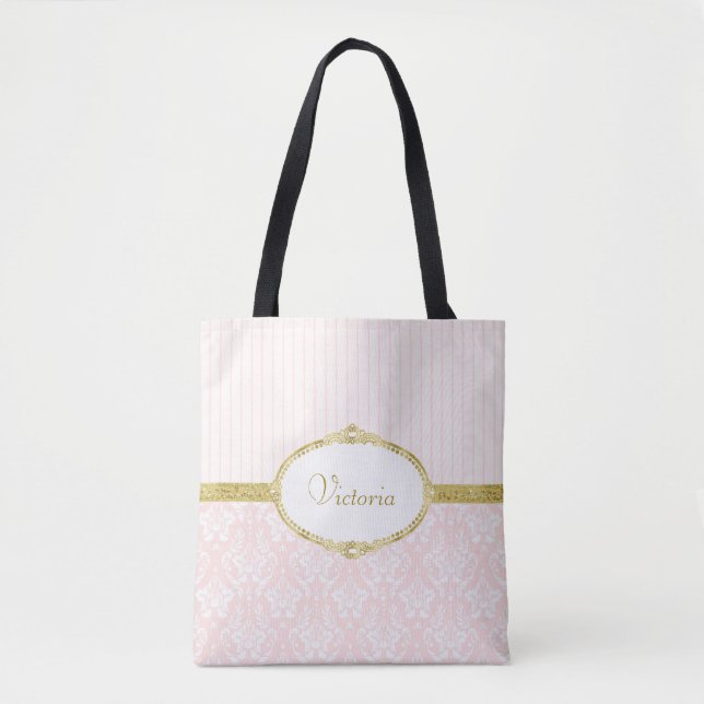 Bolsa Tote Nome e quadro Dourados do Damasco Rosa Elegante (Frente)