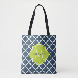 Bolsa Tote Nome e Quatrefoil Verde do Marinho Elegante Monogr